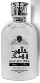 A bottle of Khalis Silver cologne with a clear glass body, silver cap, and black label featuring Arabic calligraphy and the brand name 'Khalis Silver'.
