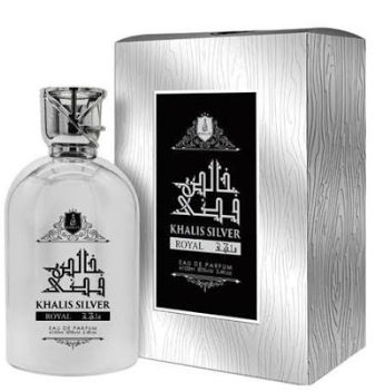 A bottle of Khalis Silver Royal 2.50 Eau de Parfum next to its textured silver packaging box, both featuring a black central label with white Arabic calligraphy and English text.