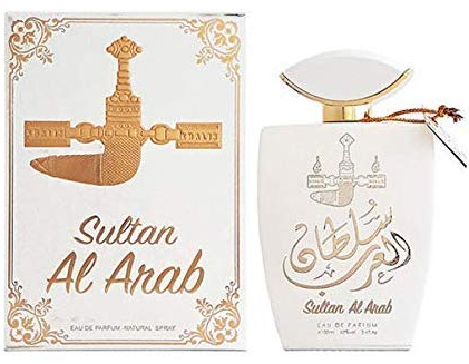Sultan Al Arab Eau de Parfum bottle and its matching outer packaging box, both in white with gold Arabic calligraphy and traditional dagger illustrations.