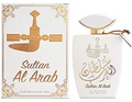 Sultan Al Arab Eau de Parfum bottle and its matching outer packaging box, both in white with gold Arabic calligraphy and traditional dagger illustrations.