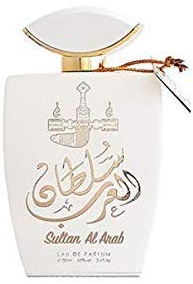 A white bottle of Sultan Al Arab Eau de Parfum with gold Arabic calligraphy and a gold cap, shown against a plain white background.