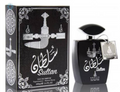Sultan Khaila Eau de Parfum 100ml bottle and its matching black packaging box, both decorated with silver Arabic calligraphy and traditional patterns.