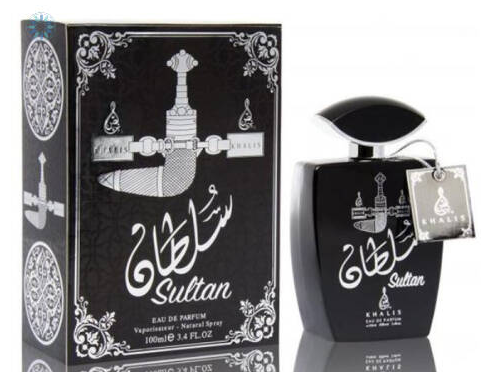 Sultan Khaila Eau de Parfum 100ml bottle and its matching black packaging box, both decorated with silver Arabic calligraphy and traditional patterns.