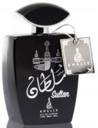 A black perfume bottle labeled 'Sultan' with Arabic script and a hanging silver tag, shown against a plain white background.
