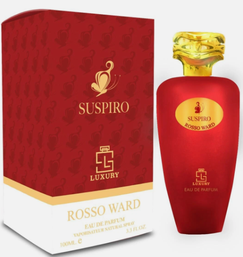 Suspiro Rosso Ward Eau de Parfum bottle and its red patterned box with gold lettering, on a white background.