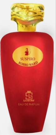 A red perfume bottle with a gold cap and gold printed text reading 'SUSPIRO ROSSO WARD' and 'LUXURY EAU DE PARFUM'.