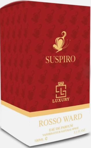 Suspiro Luxury Rosso Ward Eau de Parfum box packaging, featuring a deep red upper section with a subtle pattern of dark red hearts and gold lettering, and a white lower section with gold text.