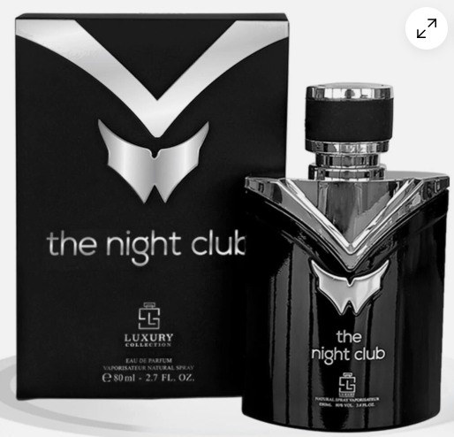 Luxury 'The Night Club' Eau de Parfum by Gholam Al-Riyad, featuring a glossy black bottle with a silver bat-like emblem and a matching black box with silver lettering.