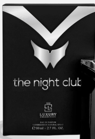 The Night Club Eau de Parfum packaging box by Luxury Collection, featuring a black background with a metallic silver V-shaped logo and the text 'the night club' in white.
