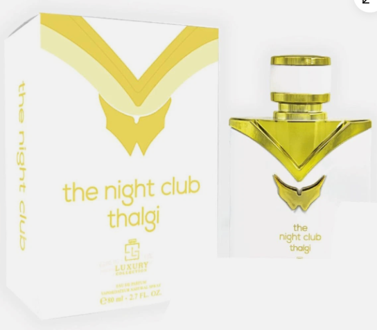The Night Club Thalgi perfume bottle and its white packaging box, both featuring a prominent metallic gold geometric logo and gold lettering.