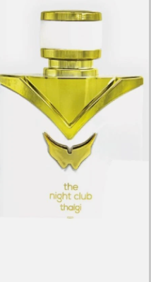 A gold metallic perfume bottle with a white cylindrical neck, labeled 'the night club thalgi' on a white background.