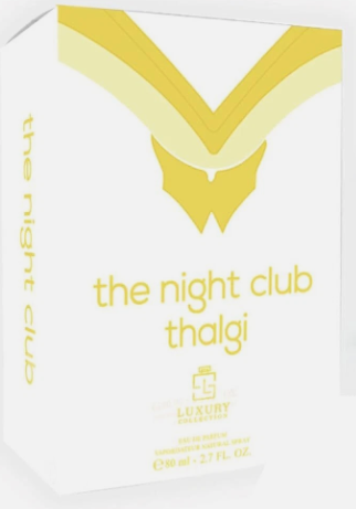A white rectangular product box with a large yellow geometric emblem on the front and the text 'the night club thalgi' in yellow. The side shows 'the night club' vertically, and smaller text near the bottom includes 'LUXURY COLLECTION'.