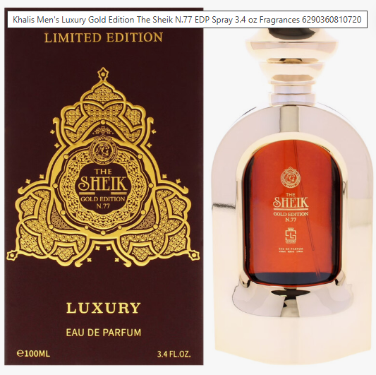 The Sheik Gold Edition N.77 Eau de Parfum bottle next to its dark brown and gold outer box packaging, shown on a white background with a text banner at the top.