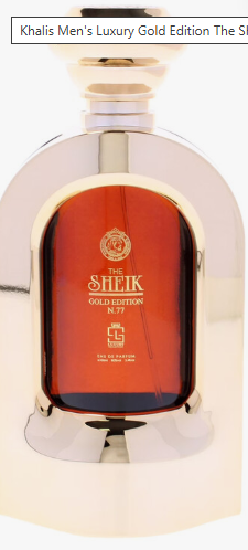 A bottle of The Sheik Gold Edition No.77 Eau de Parfum, featuring a polished gold-toned metallic bottle with a prominent amber glass center panel and gold lettering.
