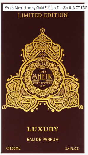 The Sheik Gold Edition N.77 Luxury Eau De Parfum 100ml bottle packaging, featuring a deep maroon background with an ornate gold foil design and text.