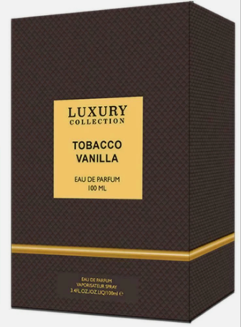Luxury Collection Tobacco Vanilla Eau de Parfum 100ml box packaging, featuring a dark brown textured pattern with a prominent gold label and gold accent stripe.