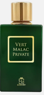 Vert Malac Private luxury fragrance bottle in deep green with a gold cap and gold lettering on the front label.