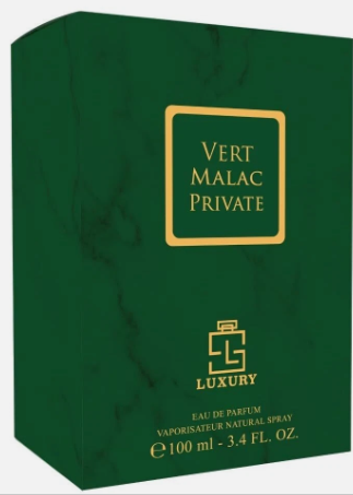 Green marble-textured perfume box for Vert Malac Private by Luxury, featuring gold lettering and a gold border on a white background.