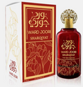 Ward Joori Sharqiyat Eau de Parfum bottle and its matching retail box. The bottle is a deep red glass with a gold ornate cap and gold Arabic calligraphy and floral patterns.