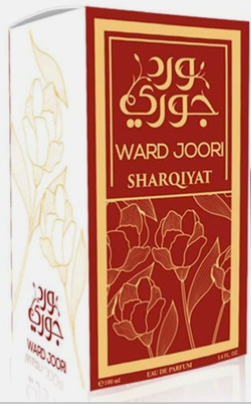 Ward Joori Sharqiyat Eau de Parfum box packaging, featuring a deep red front panel with gold Arabic calligraphy and floral line art, alongside a white side panel with gold floral illustrations.