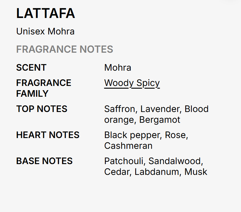Lattafa Mohra Woman Eau de Parfum spray bottle 3.4oz 100ml perfume content description