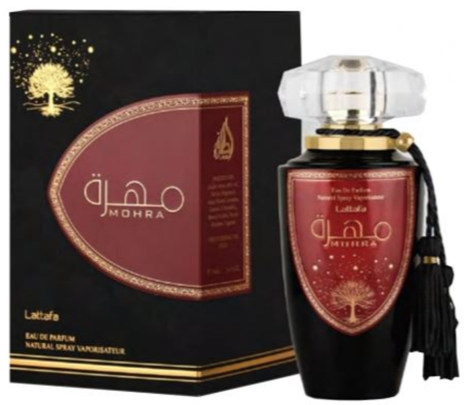 Lattafa Mohra Woman Eau de Parfum spray bottle 3.4oz 100ml white background