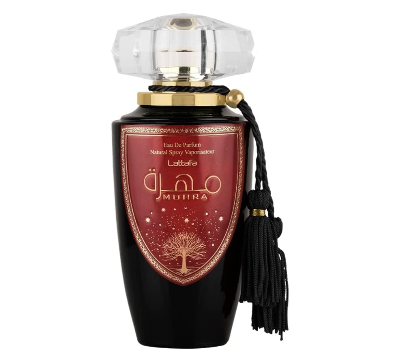 Lattafa Mohra Woman 100ml EDP spray bottle on White elegant background

