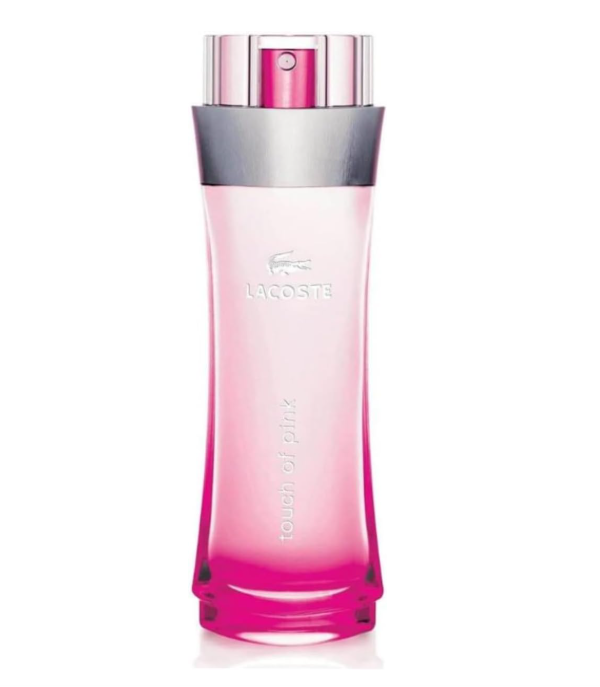 Lacoste Touch of Pink perfume bottle, featuring a translucent pink body that gradients to a vibrant magenta at the base, with a metallic silver collar and a matching pink spray nozzle under a silver cap, set against a plain white background.