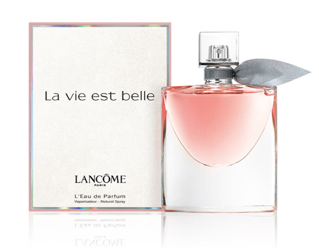 Lancôme La Vie Est Belle Eau de Parfum bottle with pink liquid and a gray leaf accent, shown next to its white packaging box with iridescent edges on a white background.