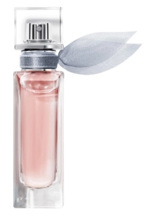 A clear rectangular perfume bottle filled with pale pink liquid, topped with a silver spray mechanism and a translucent white leaf-shaped tag, shown on a plain white background.