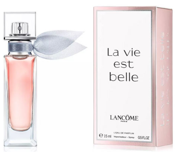 Lancôme La Vie Est Belle Eau de Parfum 15ml spray bottle with a pink liquid and silver cap, shown next to its light pink and white packaging box.