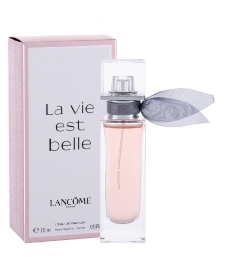 Lancôme La Vie Est Belle Eau de Parfum 15ml spray bottle with its pink and white packaging box, featuring a light pink liquid and a gray ribbon accent.