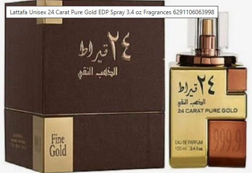 A perfume bottle and its box for Lattafa Unisex 24 Carat Pure Gold EDP Spray. The packaging is dark brown with gold lettering and accents, and the bottle itself is gold with a rose gold-toned cap.