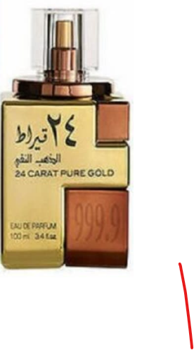 A perfume bottle labeled '24 CARAT PURE GOLD' with Arabic text, shown on a plain white background. The bottle is gold-toned with a metallic cap and a transparent top section.