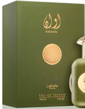 Awaan Latafa Grand perfume bottle and its matching green packaging box, featuring gold foil branding and a circular gold emblem.
