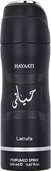 A black cylindrical Hayaati Laaitafe perfume spray bottle with silver metallic accents and white text, shown against a plain white background.