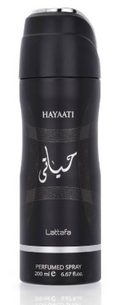 A black cylindrical bottle of Hayaati Laaitafa Perfumed Spray, 200 ml, featuring Arabic calligraphy and a silver cap on a white background.