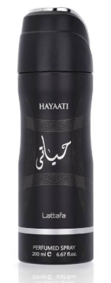 A black cylindrical bottle of Hayaati Laaitafa Perfumed Spray, 200 ml, featuring Arabic calligraphy and a silver cap on a white background.