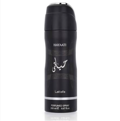 A black cylindrical perfume spray bottle with a flip-top cap, featuring the brand name HAYAATI and Arabic calligraphy on a clean white background.