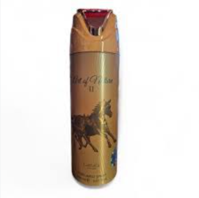 A tall cylindrical bottle of 'Lattafa Pride Art of Nature II' horse spray with a metallic gold body, a black horse graphic, and a red cap, shown against a plain white background.