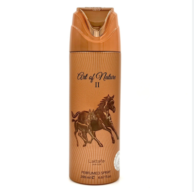 A 600 ml can of Lattafa Pride Art of Nature II Perfumed Spray, featuring a metallic bronze-brown body with a horse graphic and a matching cap, set against a plain white background.