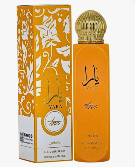 Yara Tous perfume all over spray bottle and its matching orange and white patterned packaging box, featuring a gold ribbed cap.