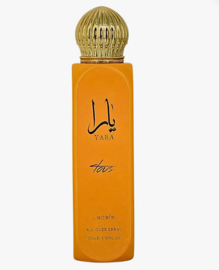 Yara Love Eau de Toilette bottle in a vibrant orange color with a textured gold cap, shown against a plain white background.