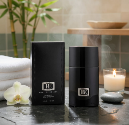 A black perfume bottle and its matching black box are displayed on a dark stone surface, with a lit candle, white orchid flower, folded white towels, and bamboo in the background. The product branding reads 'Black Essence' and 'Portfolio Black'.
