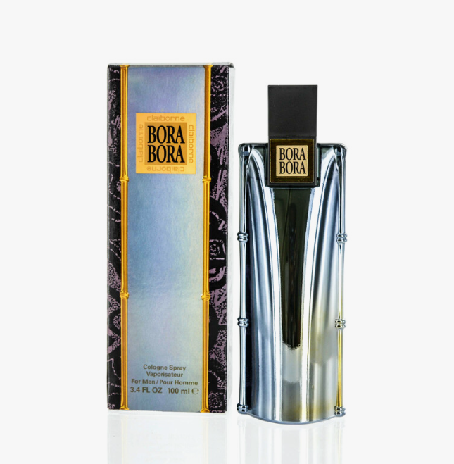 Bora Bora cologne spray bottle and its packaging box, featuring a metallic silver bottle with a black cap and a box with a blue-to-purple gradient and gold accents.