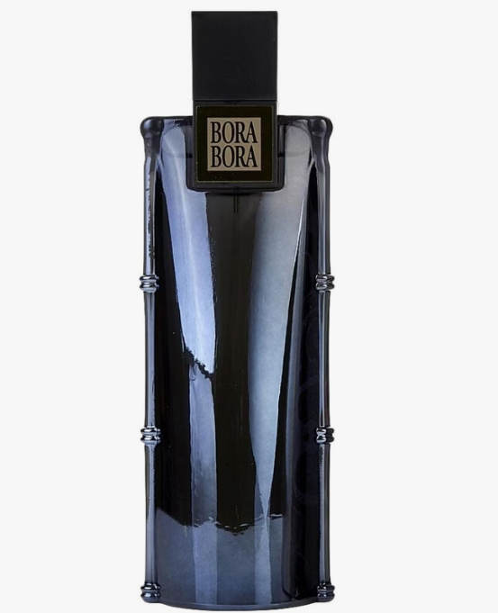 Bora Bora perfume bottle in a glossy, dark blue-gray glass design with a black cap and a gold label featuring the brand name.