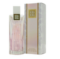 Bora Bora Eau de Parfum bottle and its packaging box, featuring a clear glass bottle with pink liquid and a white cap, next to a white and gold patterned box.