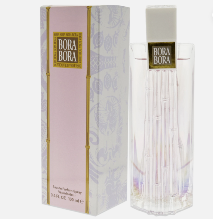 Bora Bora Eau de Parfum 100ml bottle and its matching pink and white packaging box with gold accents, set against a plain white background.