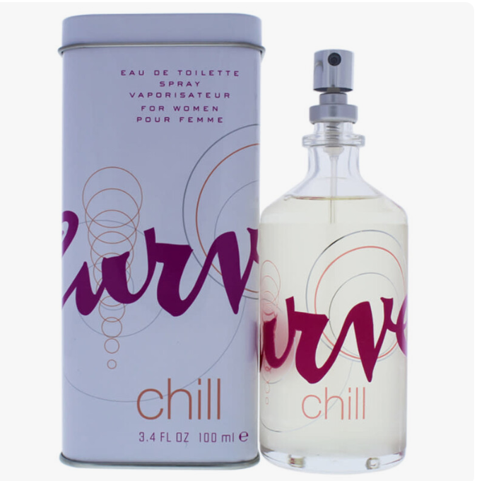 Chill Eau de Toilette spray bottle next to its cylindrical packaging tin. The bottle is clear glass with a silver spray nozzle, showing a very pale yellow liquid inside.