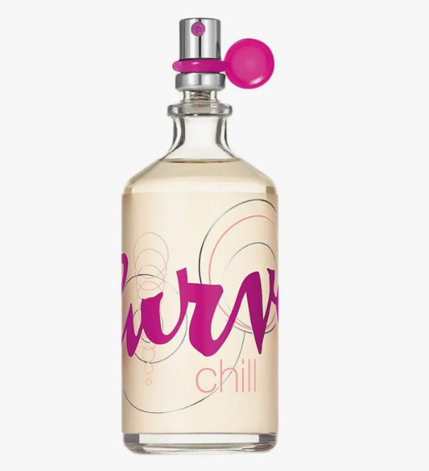 A clear glass bottle of perfume with a silver atomizer and a bright pink spherical cap, labeled 'Curve Chill' in pink and orange script on a pale cream background.